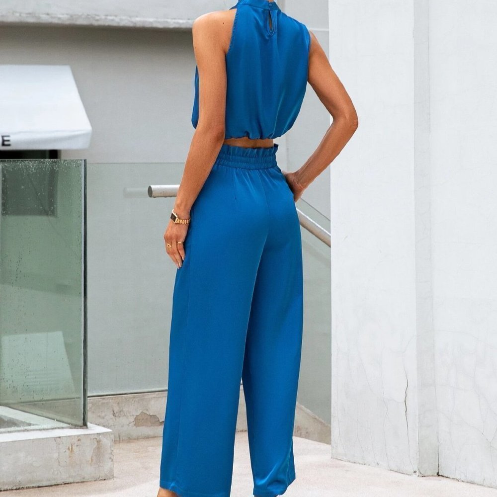 Blue Preppy Womens Solid Mock Neck Top & Wide Leg Pants - Picture 2 of 5